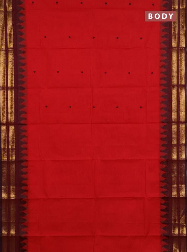 Chettinad cotton saree red and maroon with thread woven buttas and temple design zari woven border