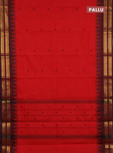 Chettinad cotton saree red and maroon with thread woven buttas and temple design zari woven border