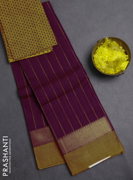 Chettinad cotton saree purple and mustard yellow with allover thread weaves pattern and zari woven simple border