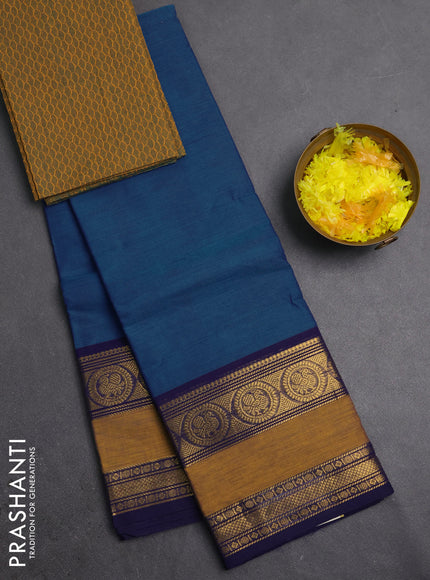 Chettinad cotton saree blue and mustard yellow with plain body and rettapet zari woven border