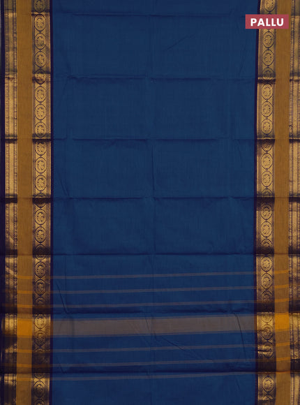 Chettinad cotton saree blue and mustard yellow with plain body and rettapet zari woven border