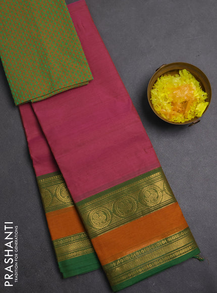 Chettinad cotton saree pink and mustard yellow with plain body and rettapet zari woven border