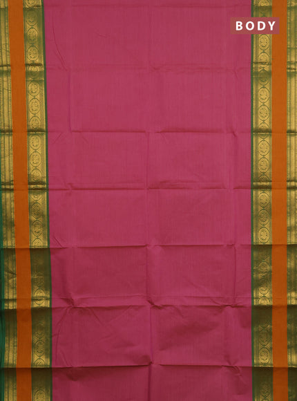 Chettinad cotton saree pink and mustard yellow with plain body and rettapet zari woven border