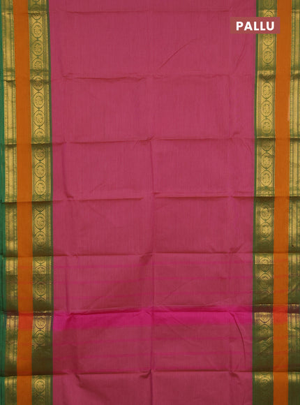 Chettinad cotton saree pink and mustard yellow with plain body and rettapet zari woven border