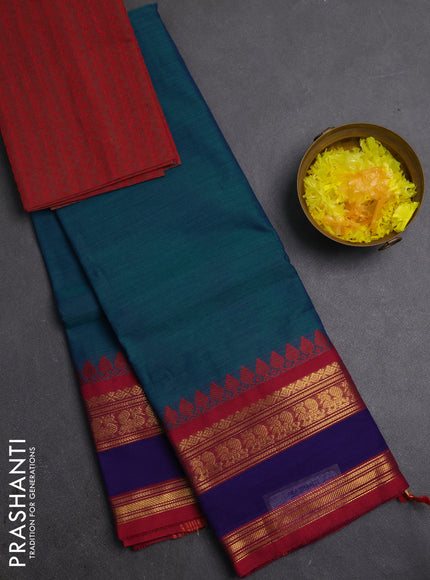 Chettinad cotton saree peacock blue and maroon with plain body and rettapet zari woven border