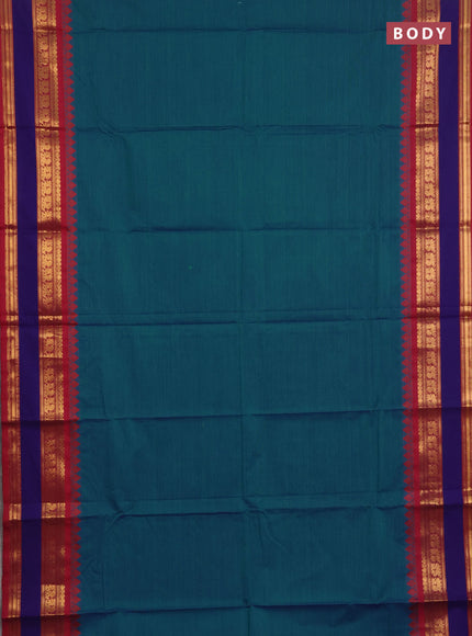 Chettinad cotton saree peacock blue and maroon with plain body and rettapet zari woven border