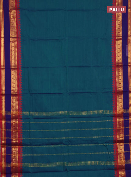 Chettinad cotton saree peacock blue and maroon with plain body and rettapet zari woven border