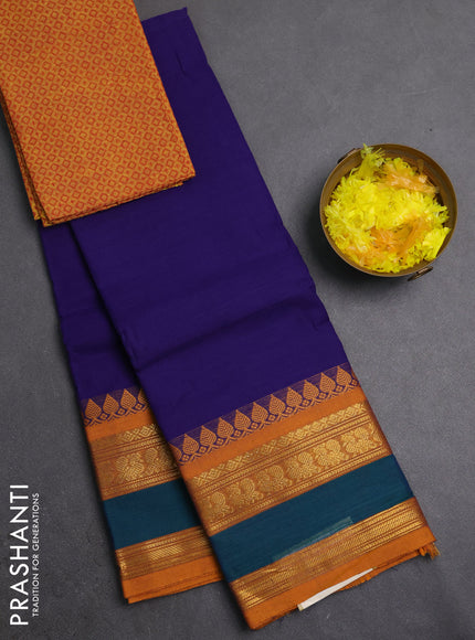 Chettinad cotton saree violet and mustard yellow with plain body and rettapet zari woven border