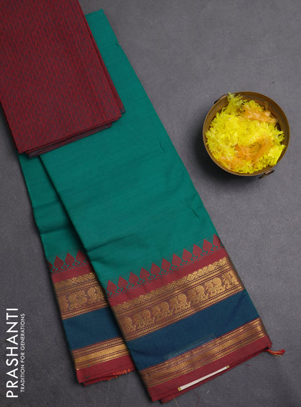 Chettinad cotton saree teal green and maroon with plain body and rettapet zari woven border