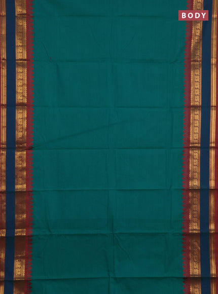 Chettinad cotton saree teal green and maroon with plain body and rettapet zari woven border