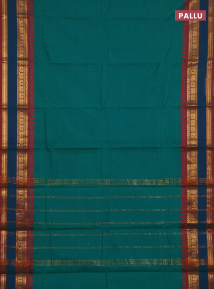 Chettinad cotton saree teal green and maroon with plain body and rettapet zari woven border