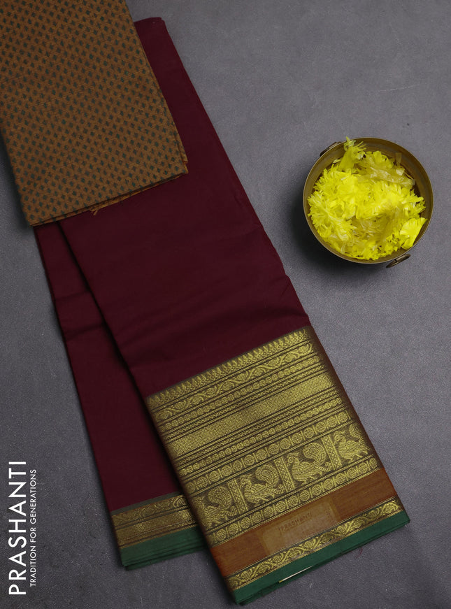 Chettinad cotton saree deep maroon and mustard yellow with plain body and long zari woven border