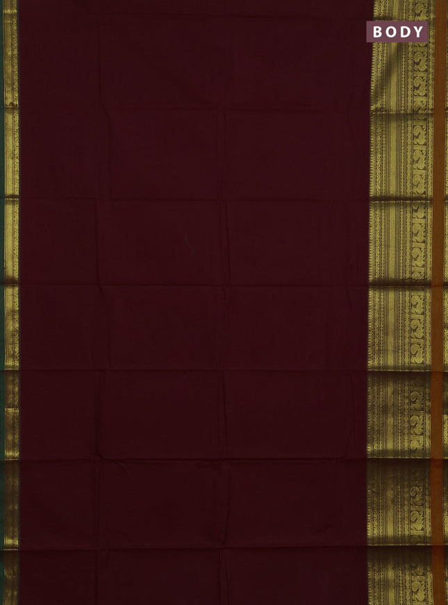 Chettinad cotton saree deep maroon and mustard yellow with plain body and long zari woven border