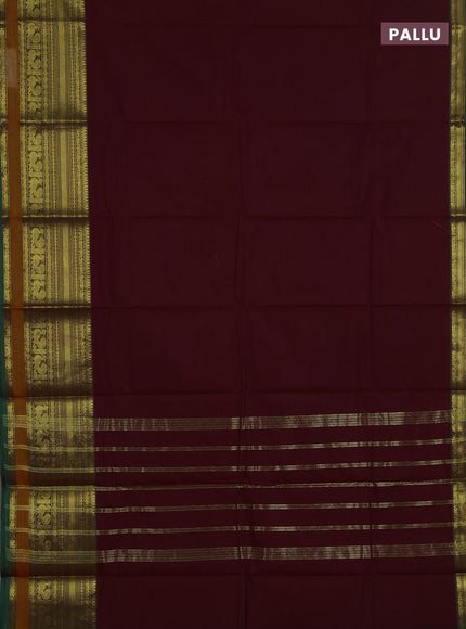 Chettinad cotton saree deep maroon and mustard yellow with plain body and long zari woven border