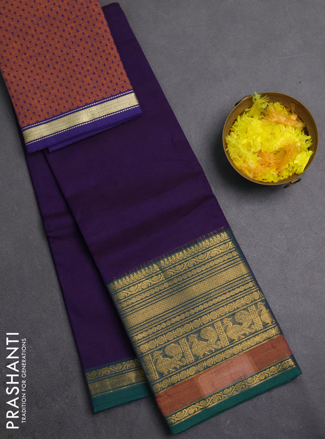 Chettinad cotton saree violet and mustard yellow with plain body and long zari woven border