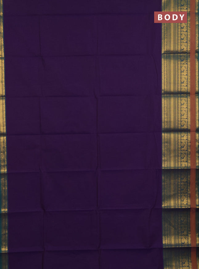Chettinad cotton saree violet and mustard yellow with plain body and long zari woven border