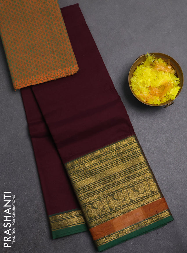 Chettinad cotton saree deep wine and mustard yellow with plain body and long zari woven border