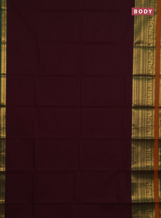Chettinad cotton saree deep wine and mustard yellow with plain body and long zari woven border