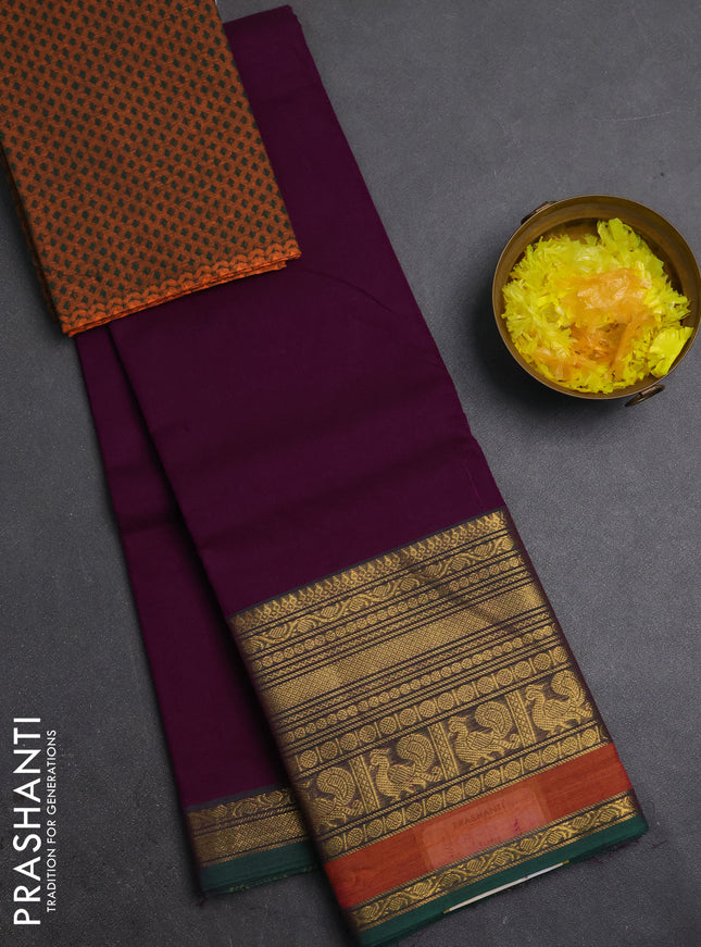 Chettinad cotton saree purple and mustard yellow with plain body and long zari woven border