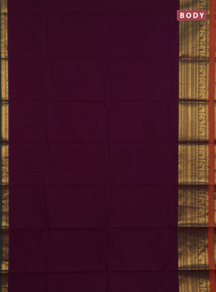 Chettinad cotton saree purple and mustard yellow with plain body and long zari woven border