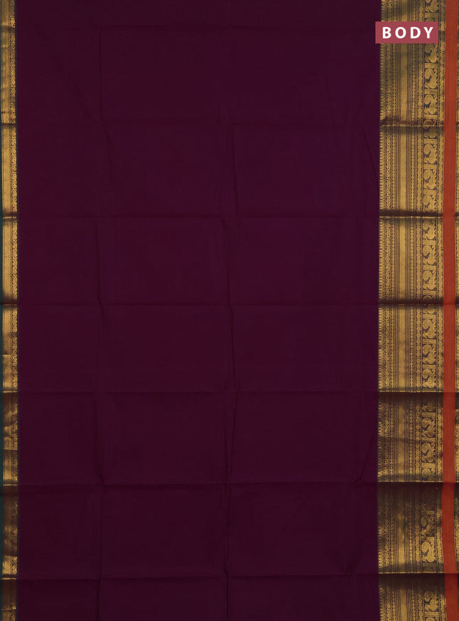 Chettinad cotton saree purple and mustard yellow with plain body and long zari woven border