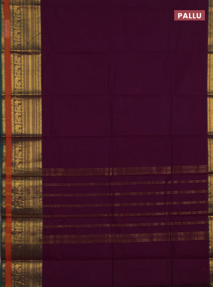 Chettinad cotton saree purple and mustard yellow with plain body and long zari woven border
