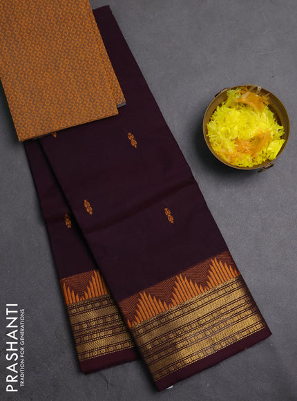 Chettinad cotton saree deep wine and mustard yellow with thread woven buttas and zari woven border