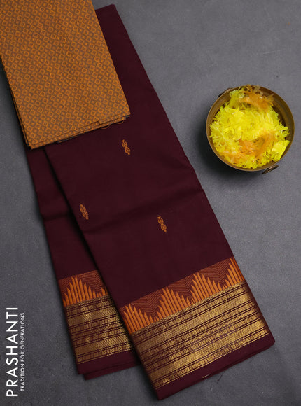 Chettinad cotton saree deep wine and mustard yellow with thread woven buttas and zari woven border