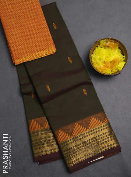 Chettinad cotton saree olive green and mustard yellow with thread woven buttas and zari woven border