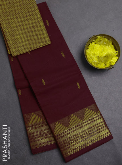 Chettinad cotton saree maroon and mustard yellow with thread woven buttas and zari woven border