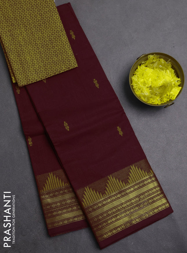 Chettinad cotton saree maroon and mustard yellow with thread woven buttas and zari woven border