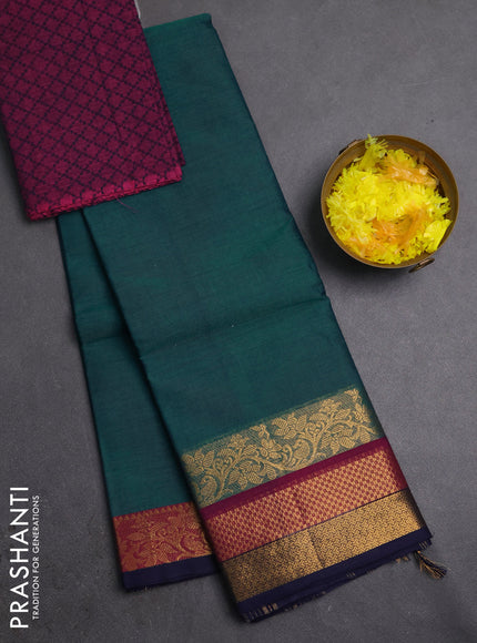Chettinad cotton saree peacock green and purple with plain body and long zari woven border