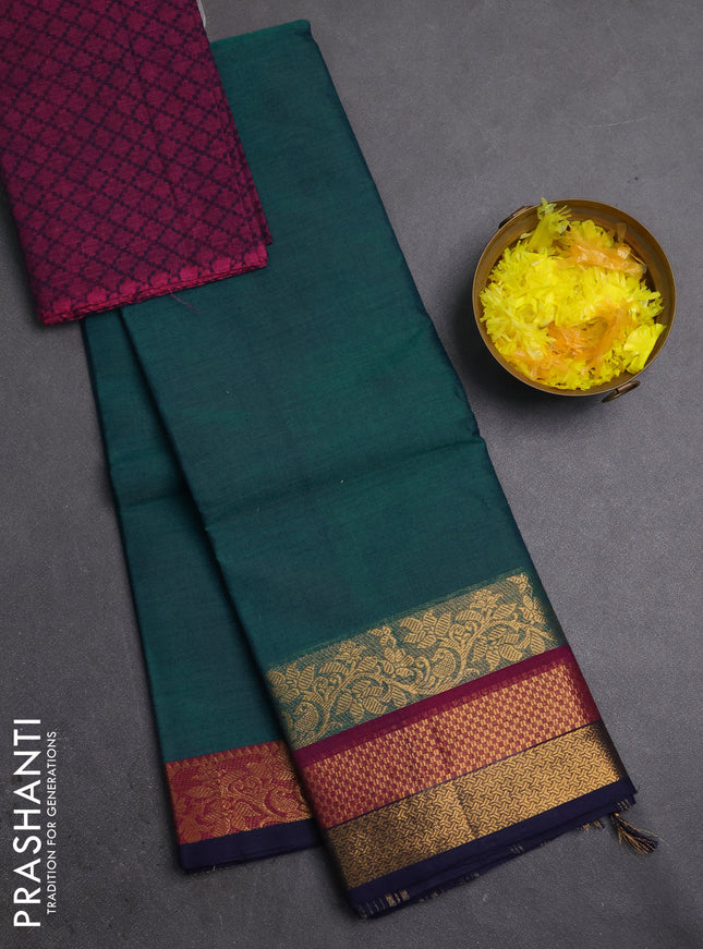 Chettinad cotton saree peacock green and purple with plain body and long zari woven border