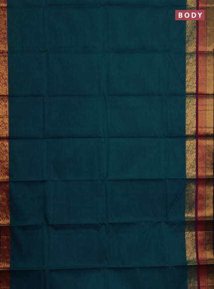 Chettinad cotton saree peacock green and purple with plain body and long zari woven border