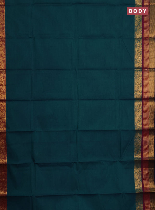 Chettinad cotton saree peacock green and purple with plain body and long zari woven border