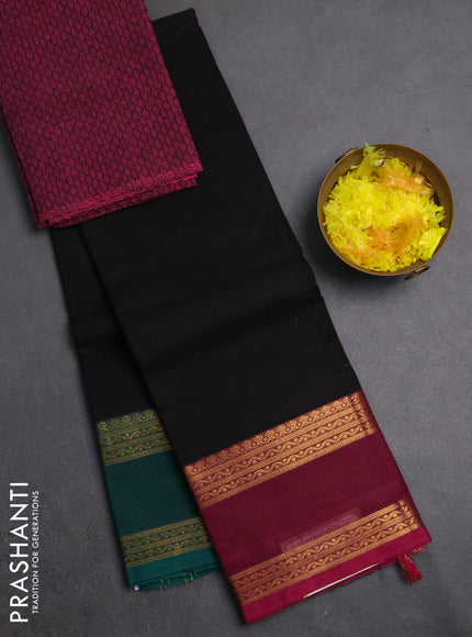 Chettinad cotton saree black and magenta pink with plain body and ganga jamuna border