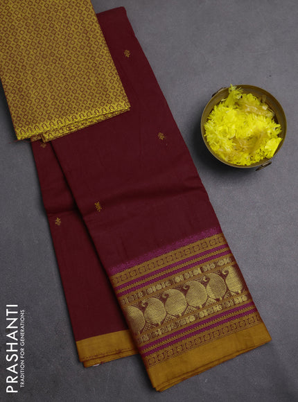 Chettinad cotton saree maroon and mustard yellow with thread woven buttas and long zari woven border