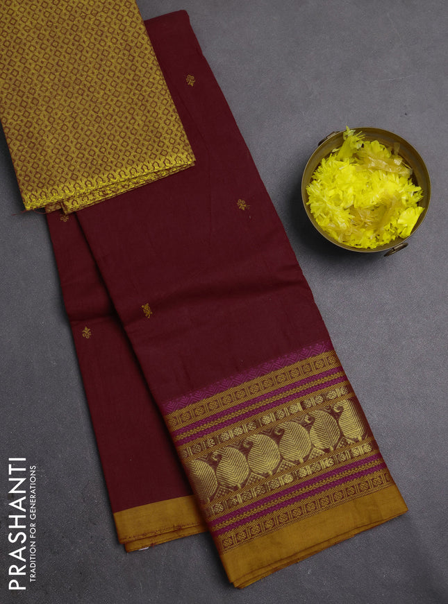 Chettinad cotton saree maroon and mustard yellow with thread woven buttas and long zari woven border