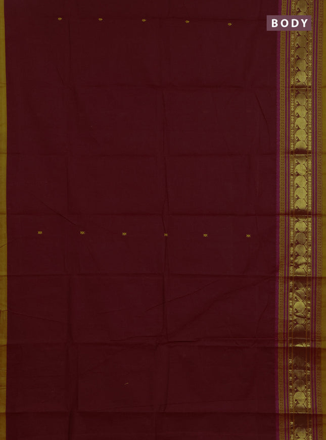 Chettinad cotton saree maroon and mustard yellow with thread woven buttas and long zari woven border
