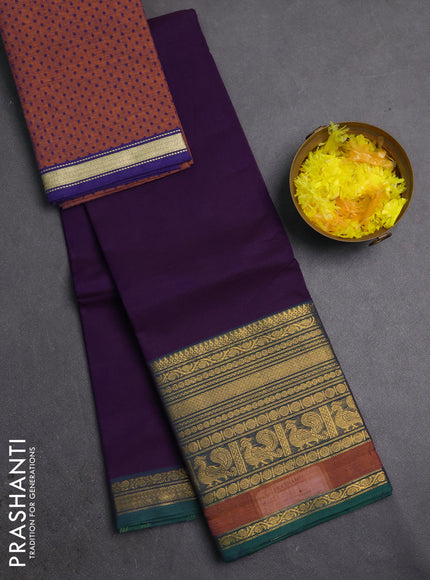 Chettinad cotton saree violet and rust shade with plain body and long zari woven border