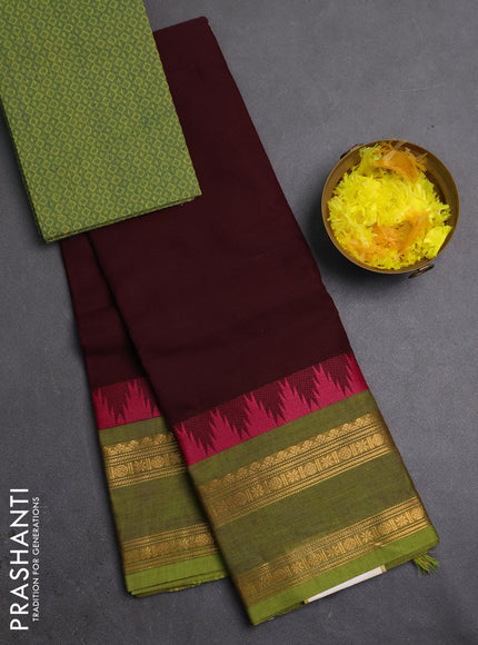 Chettinad cotton saree deep wine and light green with thread woven buttas and temple design rettapet zari woven border
