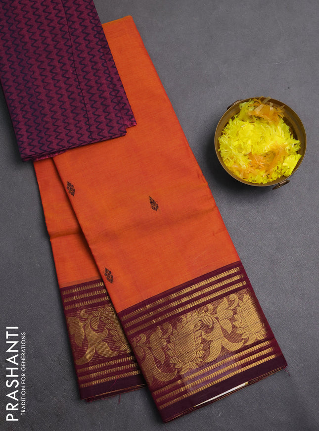 Chettinad cotton saree sunset orange and purple with thread woven buttas and zari woven border