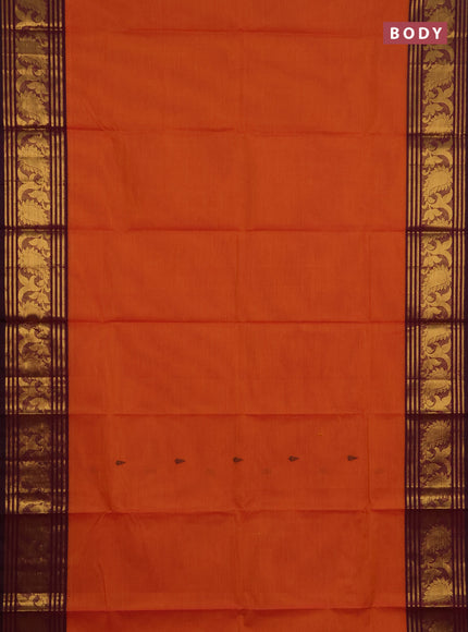 Chettinad cotton saree sunset orange and purple with thread woven buttas and zari woven border