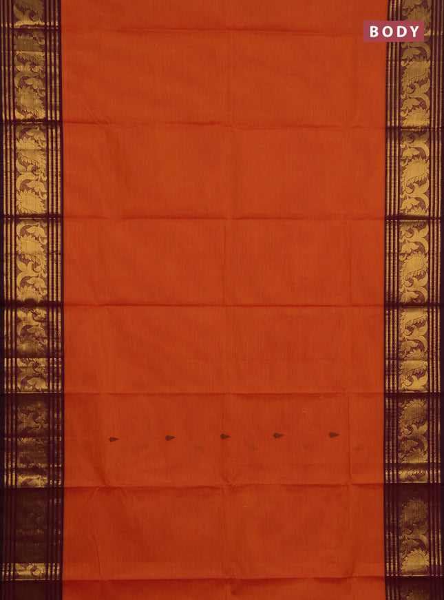 Chettinad cotton saree sunset orange and purple with thread woven buttas and zari woven border
