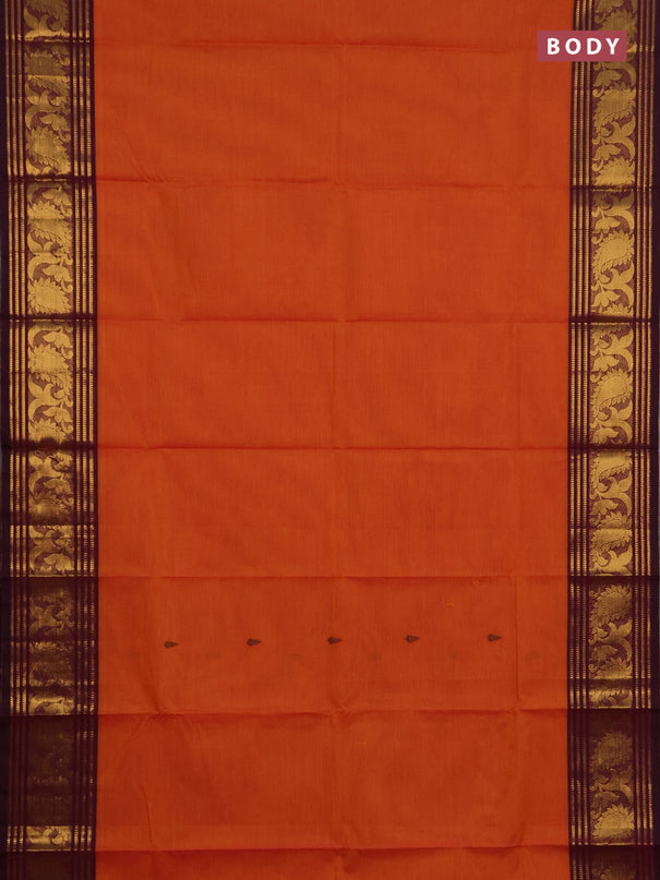 Chettinad cotton saree sunset orange and purple with thread woven buttas and zari woven border