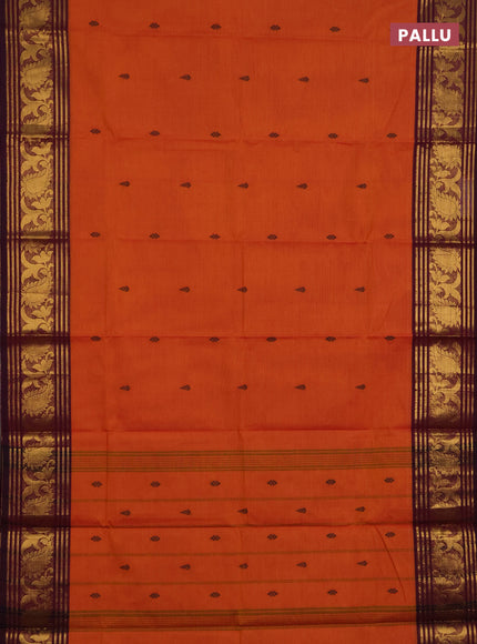 Chettinad cotton saree sunset orange and purple with thread woven buttas and zari woven border