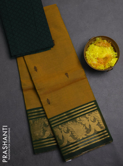Chettinad cotton saree mustard green and green with thread woven buttas and long zari woven border
