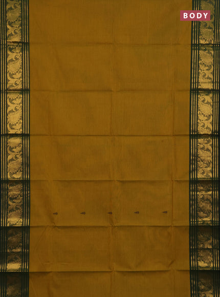 Chettinad cotton saree mustard green and green with thread woven buttas and long zari woven border