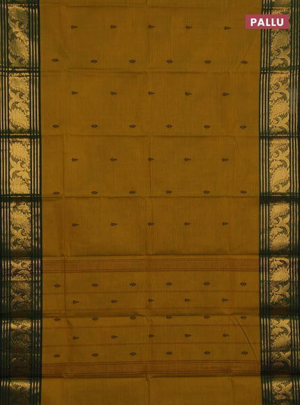 Chettinad cotton saree mustard green and green with thread woven buttas and long zari woven border