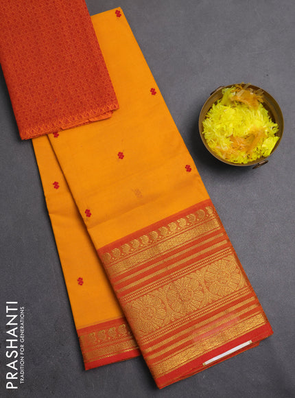 Chettinad cotton saree mango yellow and orange with thread woven buttas and long zari woven border